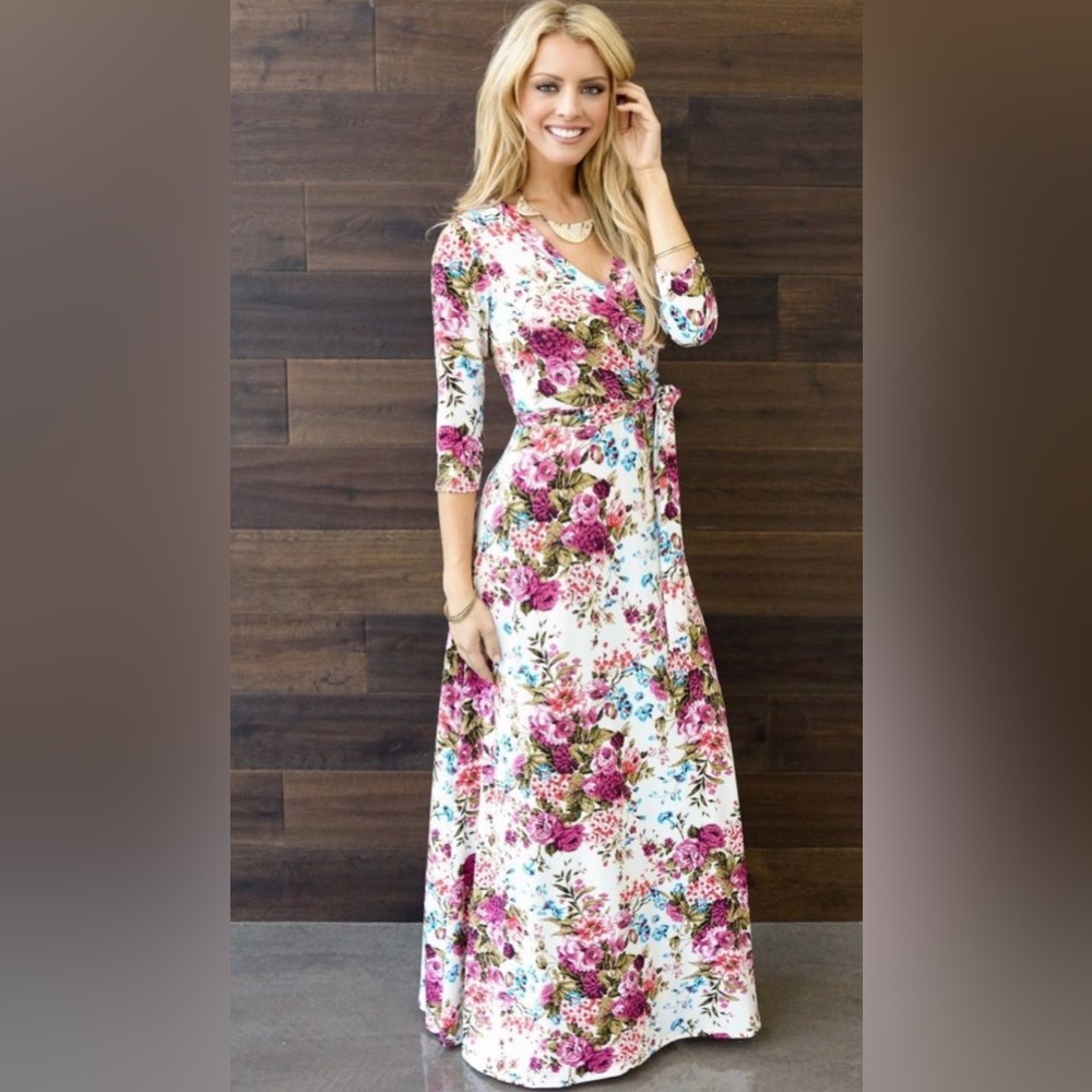 Pinkblush Ivory Floral Draped 3/4 Sleeve maternity Maxi Dress